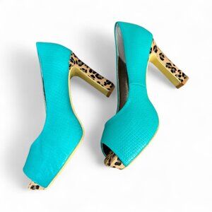 Turquoise Cow Print Heels Size 6